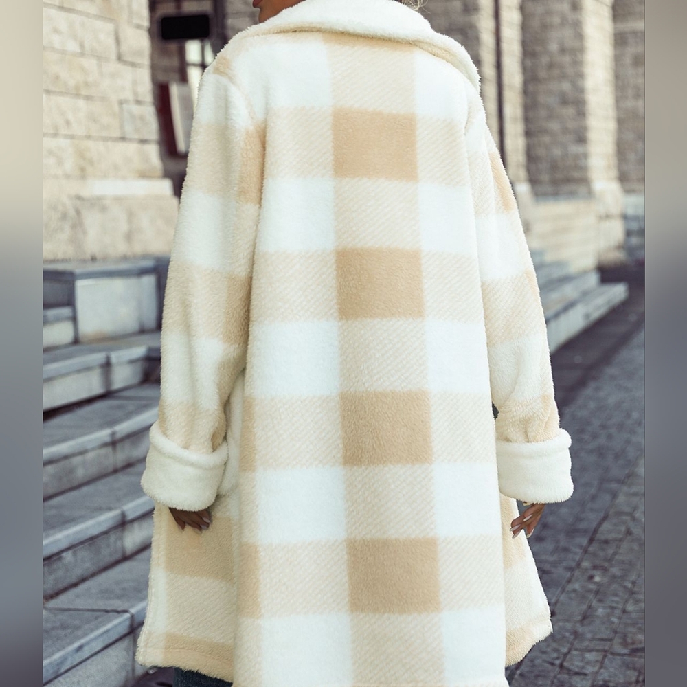Beige Warm Plaid Button Coat - Picture 3 of 8